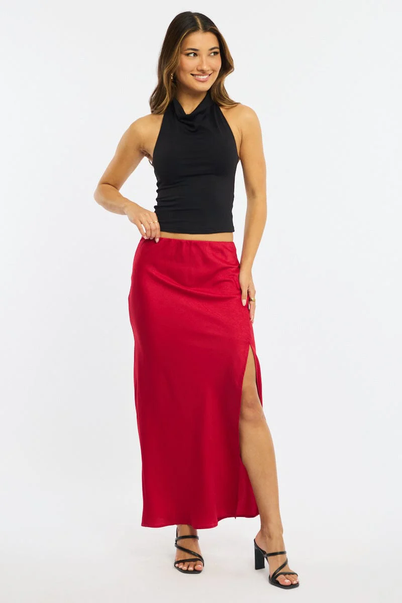 Red Slip Skirt High Waist Front Split Midaxi Satin - Image 2