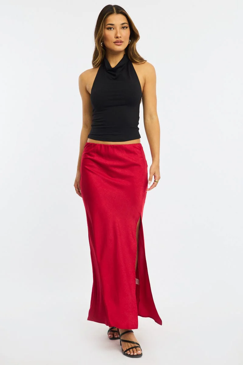 Red Slip Skirt High Waist Front Split Midaxi Satin - Image 5