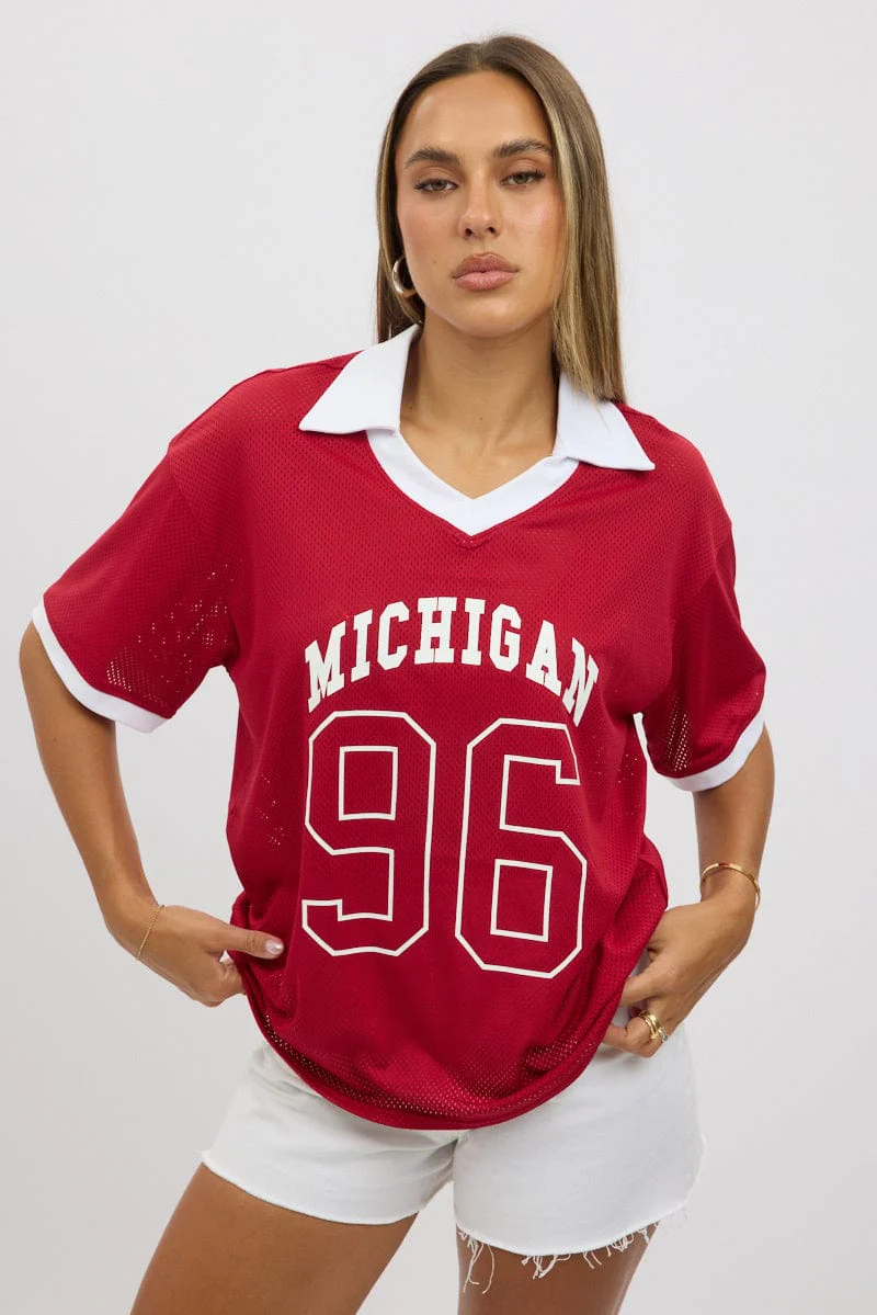 Red Sport Tee Collar Short Sleeve - Image 2