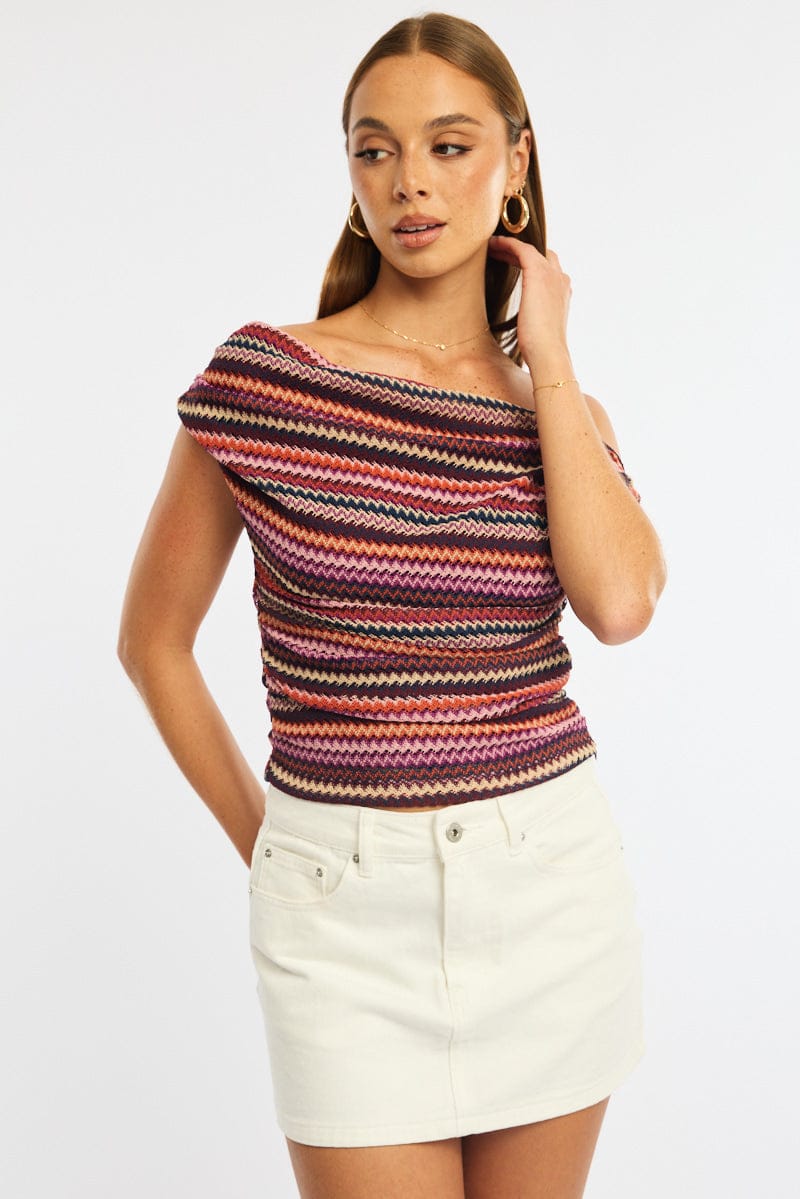 Red Stripe Asymmetric Top Sleeveless One Shoulder Textured