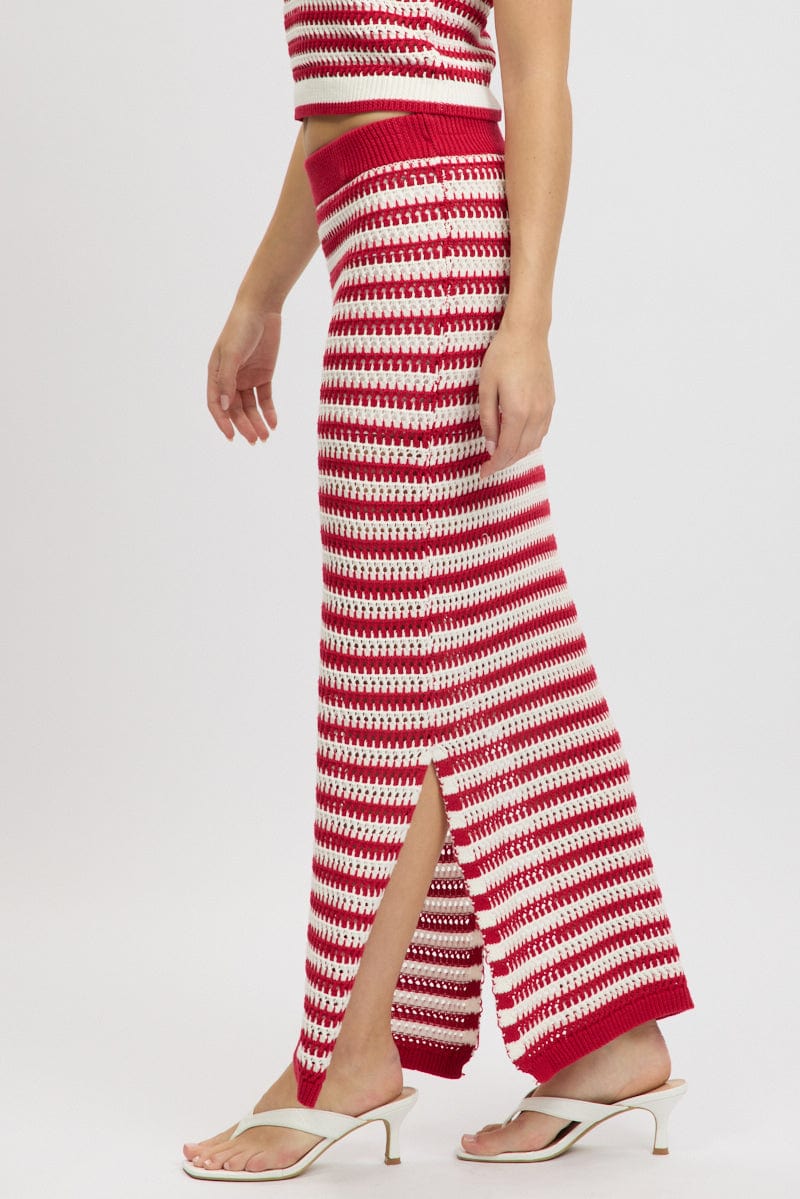 Red Stripe Crochet Knit Skirt Elastic Waist Midi Lined - Image 4