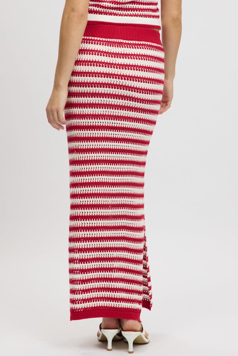Red Stripe Crochet Knit Skirt Elastic Waist Midi Lined - Image 5