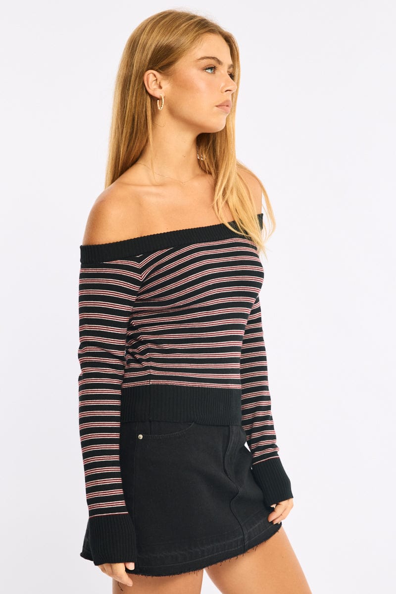 Red Stripe Knit Top Off Shoulder Long Sleeve - Image 3