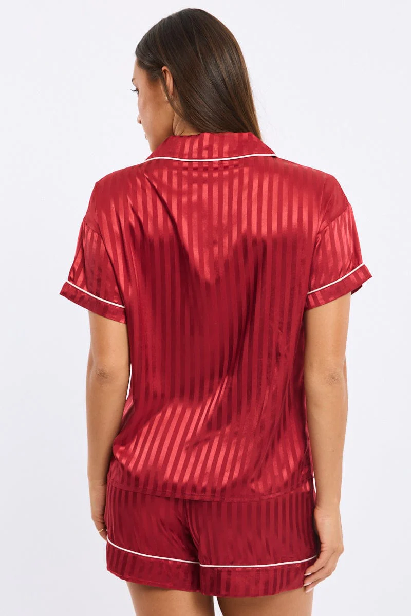 Red Stripe Pyjamas Set Short Sleeve Satin Jacquard - Image 4