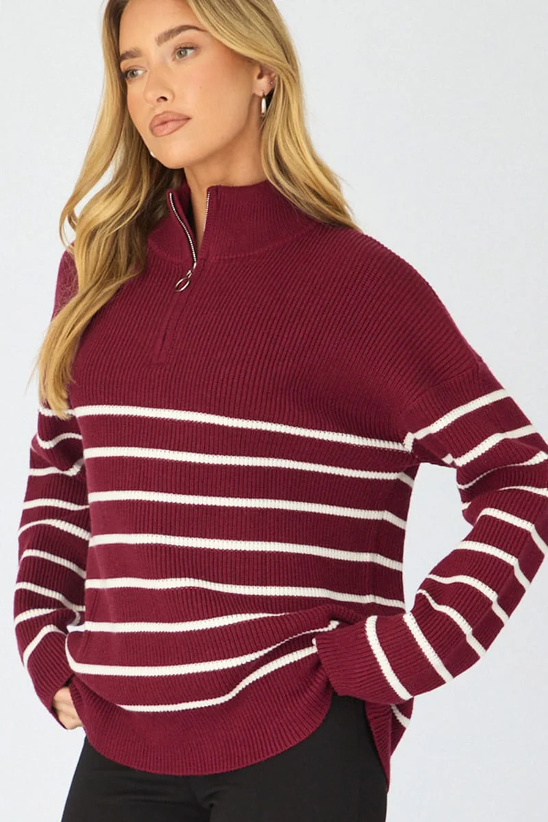 Red Stripe Stripe Quarter Zip Knit Fold Down Collar