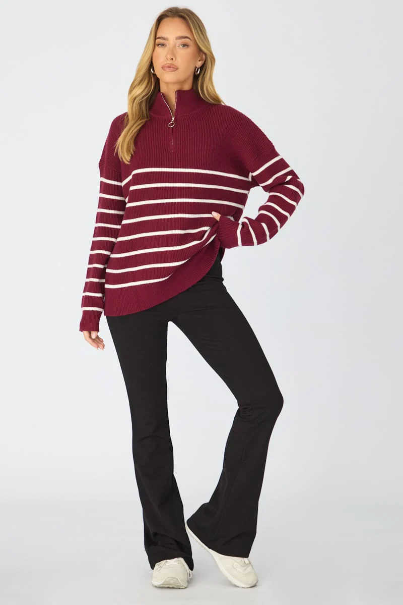 Red Stripe Stripe Quarter Zip Knit Fold Down Collar - Image 2