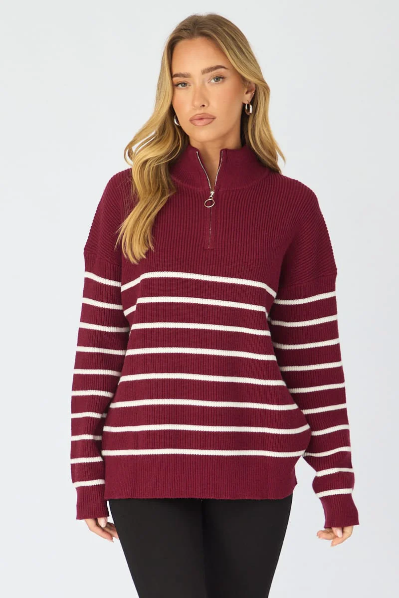 Red Stripe Stripe Quarter Zip Knit Fold Down Collar - Image 3