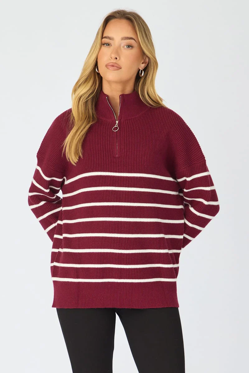 Red Stripe Stripe Quarter Zip Knit Fold Down Collar - Image 4