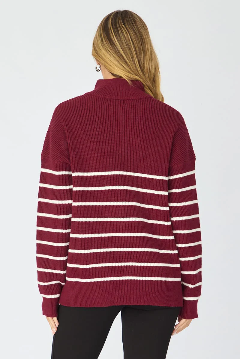 Red Stripe Stripe Quarter Zip Knit Fold Down Collar - Image 5