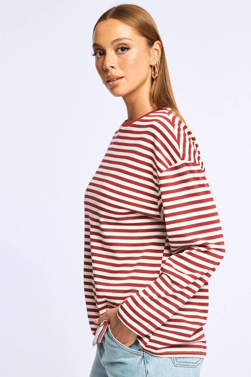 Red Stripe Striped Top Crew Neck Long Sleeve - Image 3