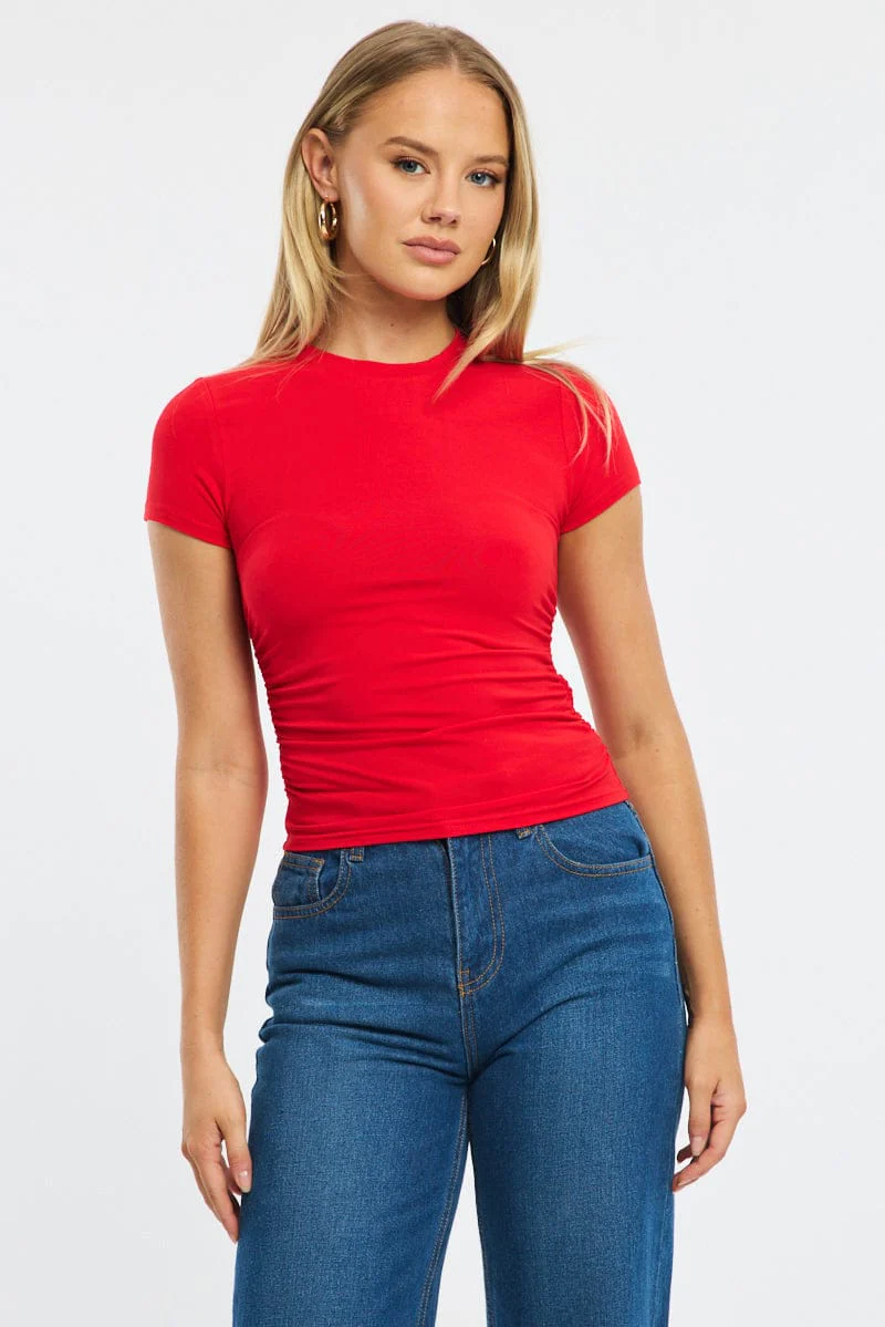 Red T-shirt Short Sleeve Crew Neck Modal