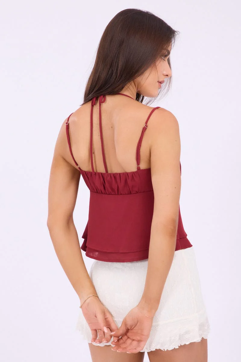 Red Tie Front Cami Halter Neck Sleeveless - Image 5