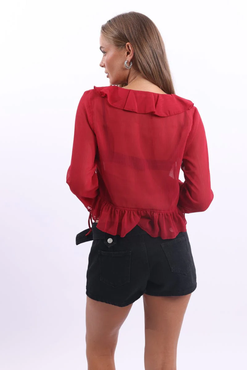Red Tie Up Top Long Sleeve V Neck Frilled Romantic - Image 4