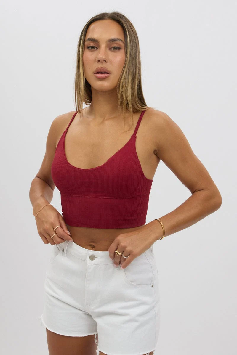 Red V Neck Cami Crop Top Seamless - Image 3