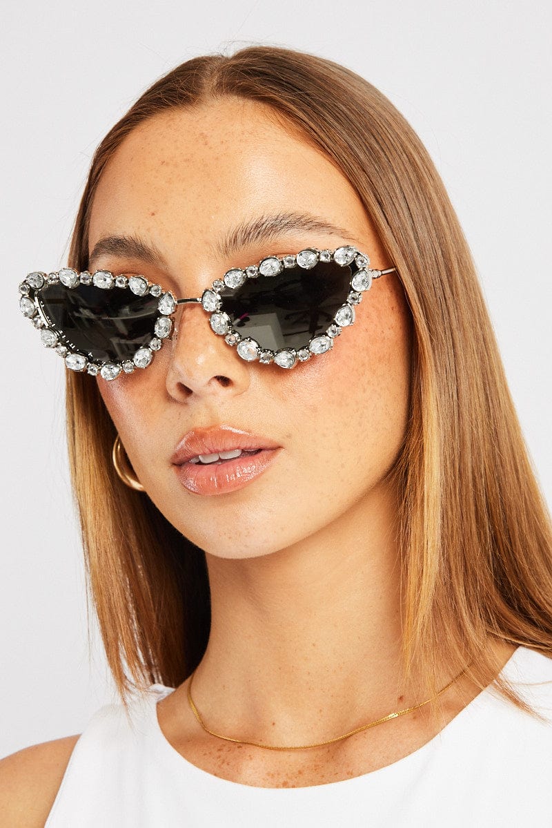 Silver Cat Eye Rhinestone Sunglasses
