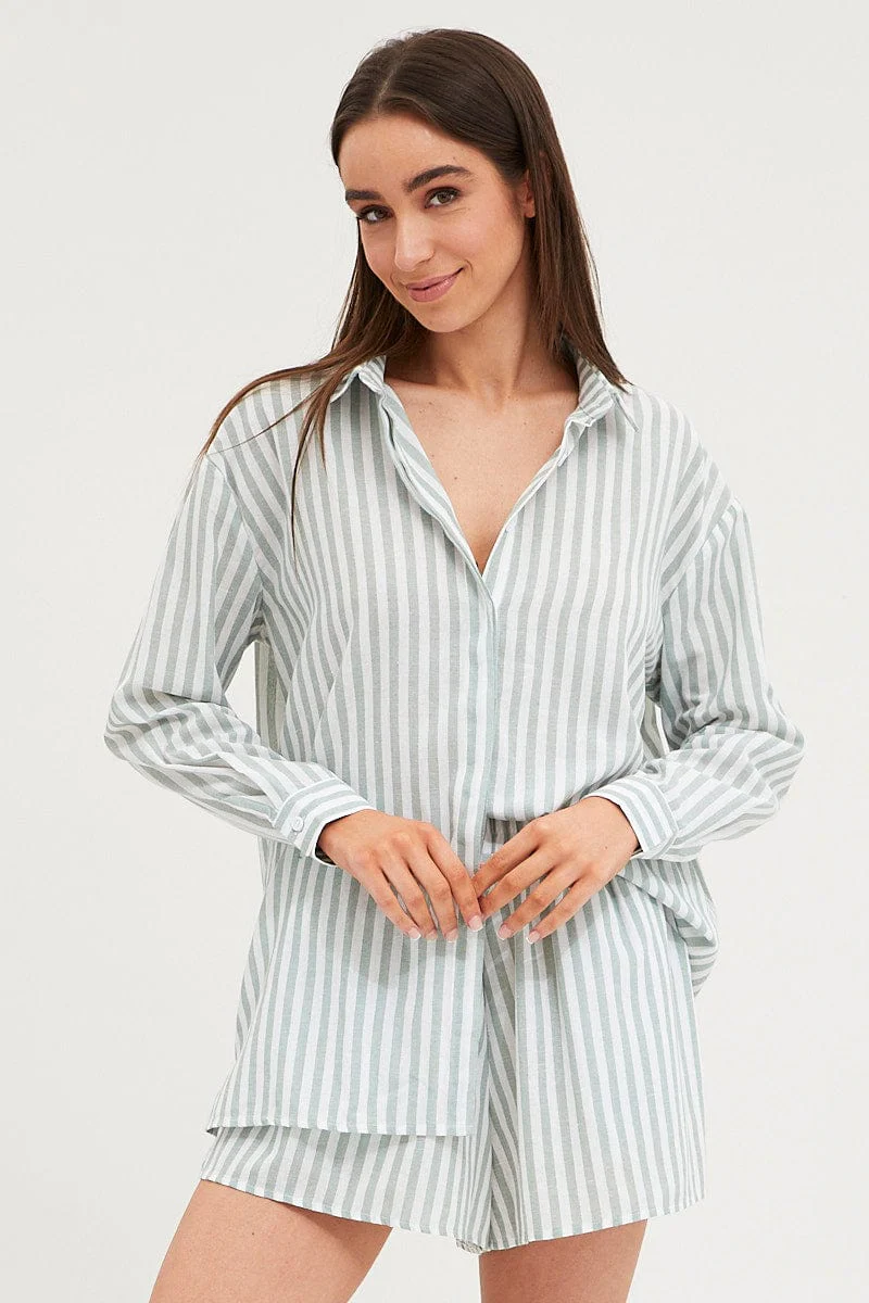 Stripe  Linen Pajamas Set Long Sleeve - Image 3