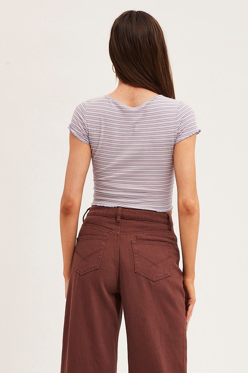 Stripe Crew Neck Short Sleeve Crop T-Shirt - Image 5