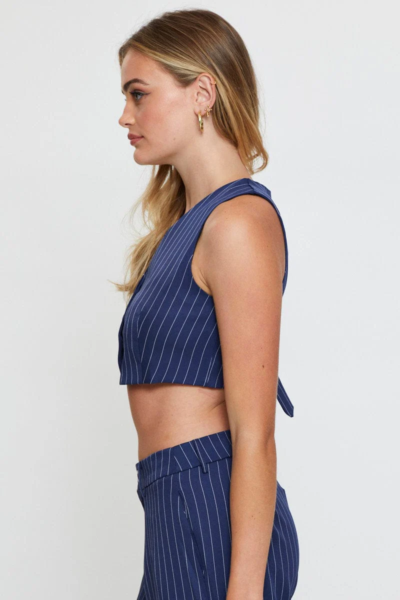 Stripe Crop Shirts Sleeveless V-Neck - Image 4