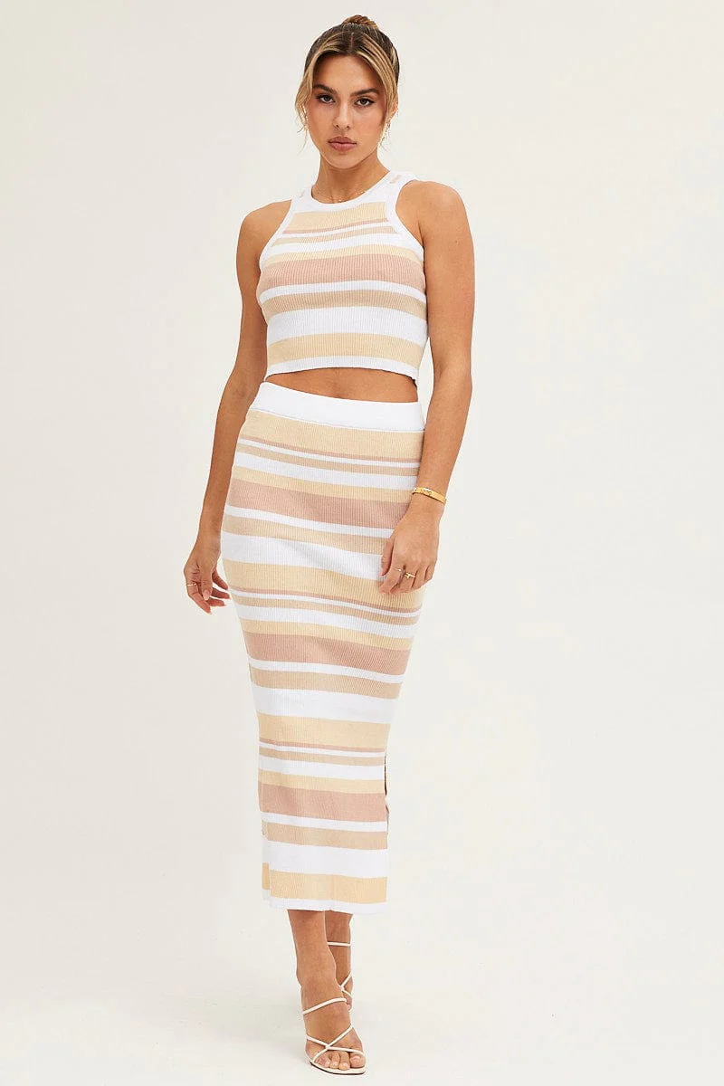 Stripe High Waist Side Split Knit Midi Skirt - Image 2
