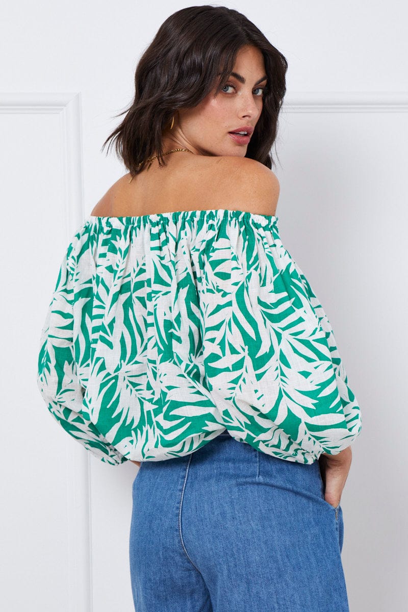 Trop Print Crop Top Long Sleeve Off Shoulder - Image 5