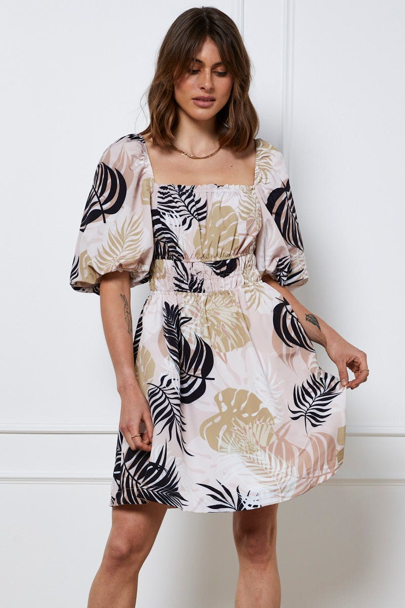 Trop Print Mini Dress Short Sleeve Square Neck - Image 3