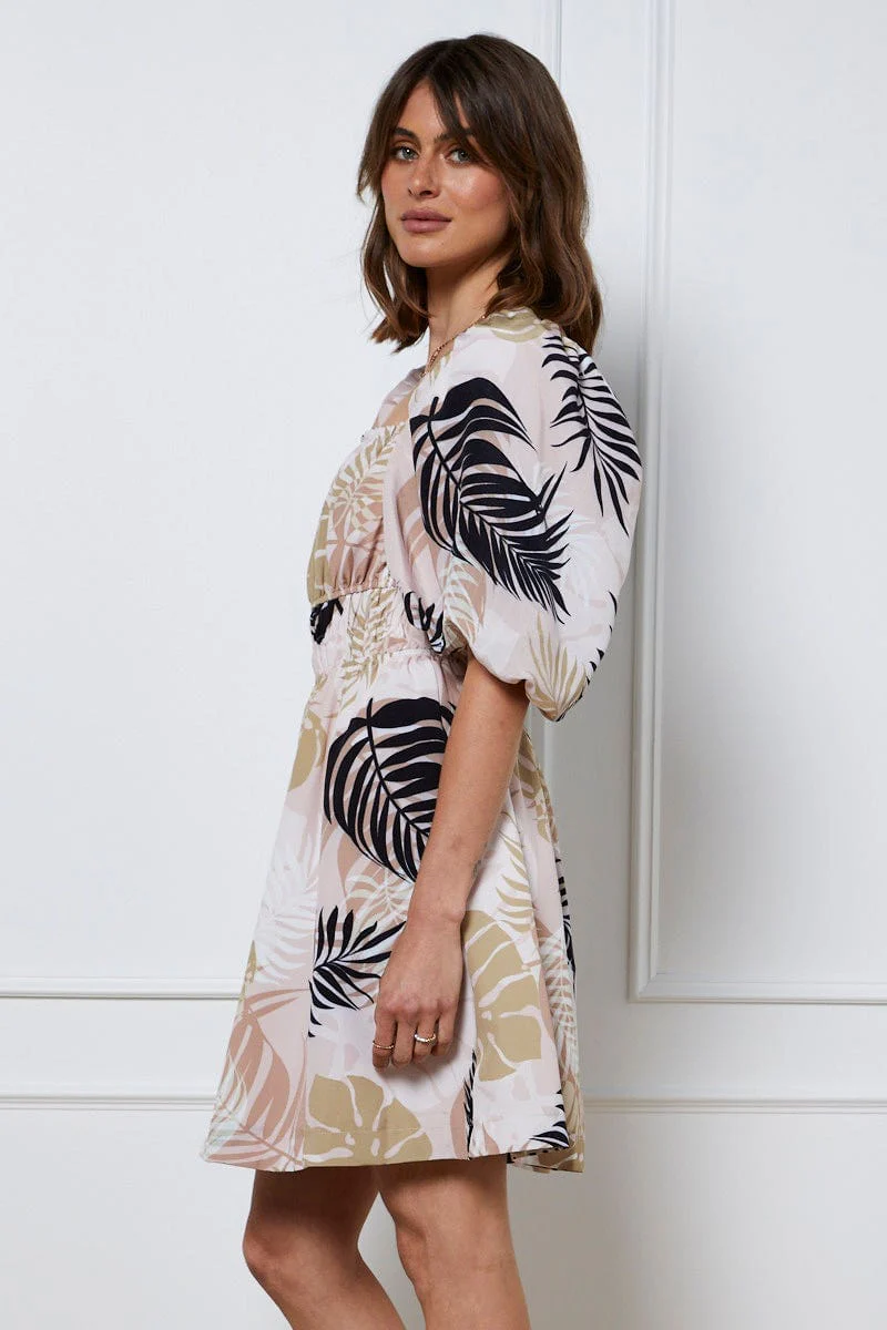 Trop Print Mini Dress Short Sleeve Square Neck - Image 4