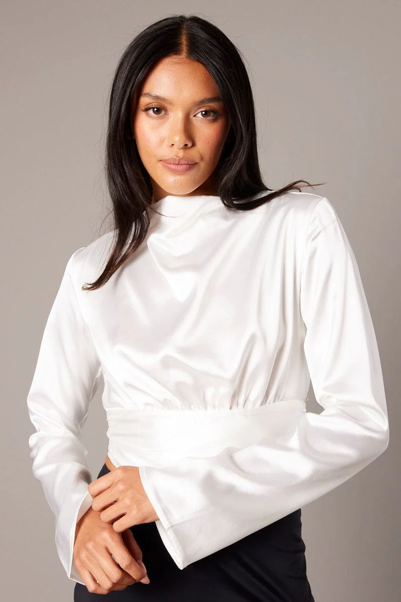 White Backless Top Flared Sleeve High Neck Blouse - Image 3