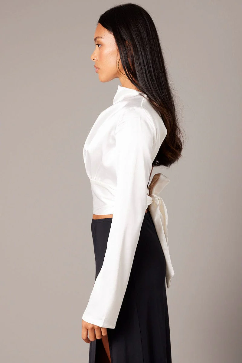 White Backless Top Flared Sleeve High Neck Blouse - Image 4