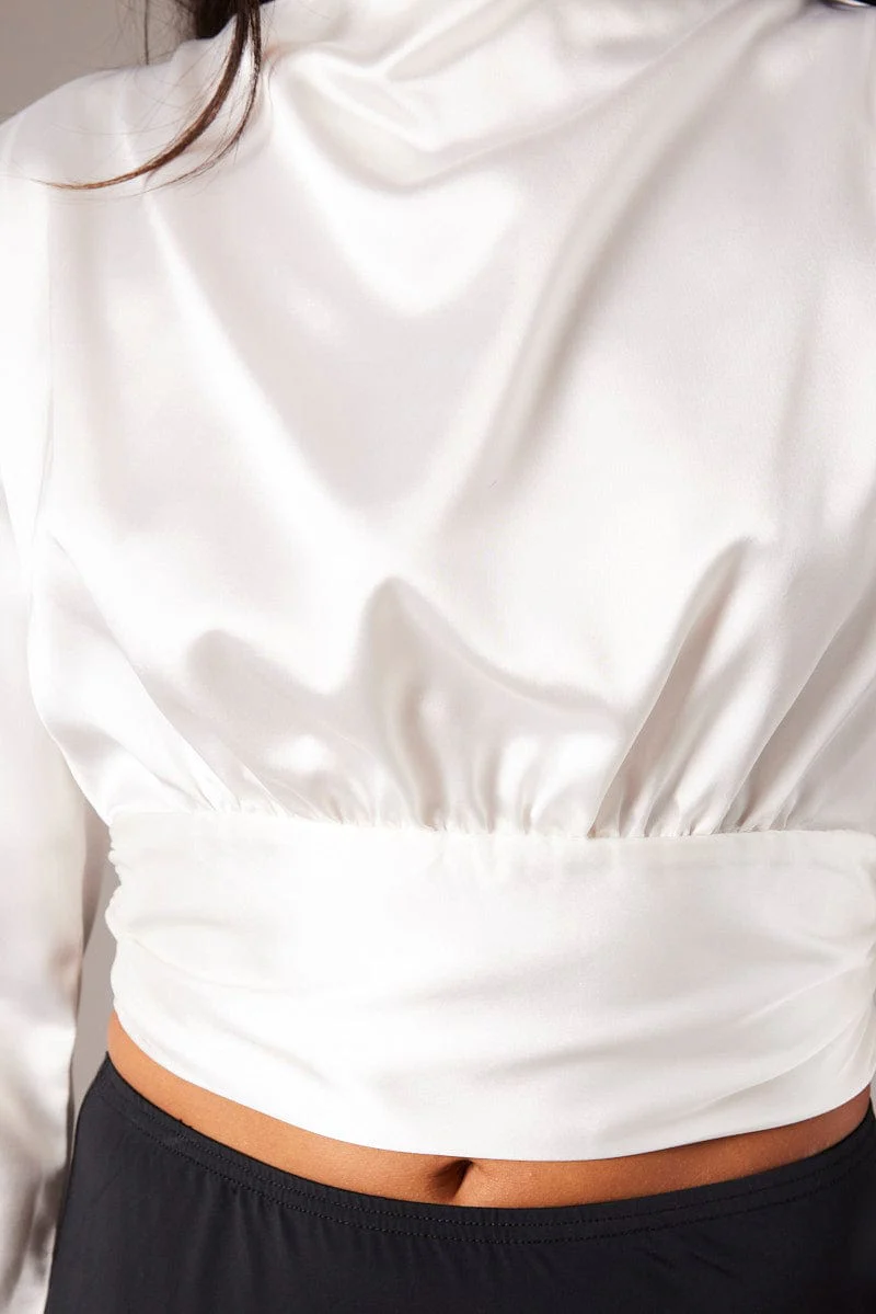 White Backless Top Flared Sleeve High Neck Blouse - Image 6