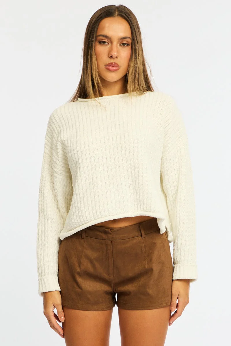 White Basic Knit Long Sleeve Boat Neck - Image 3