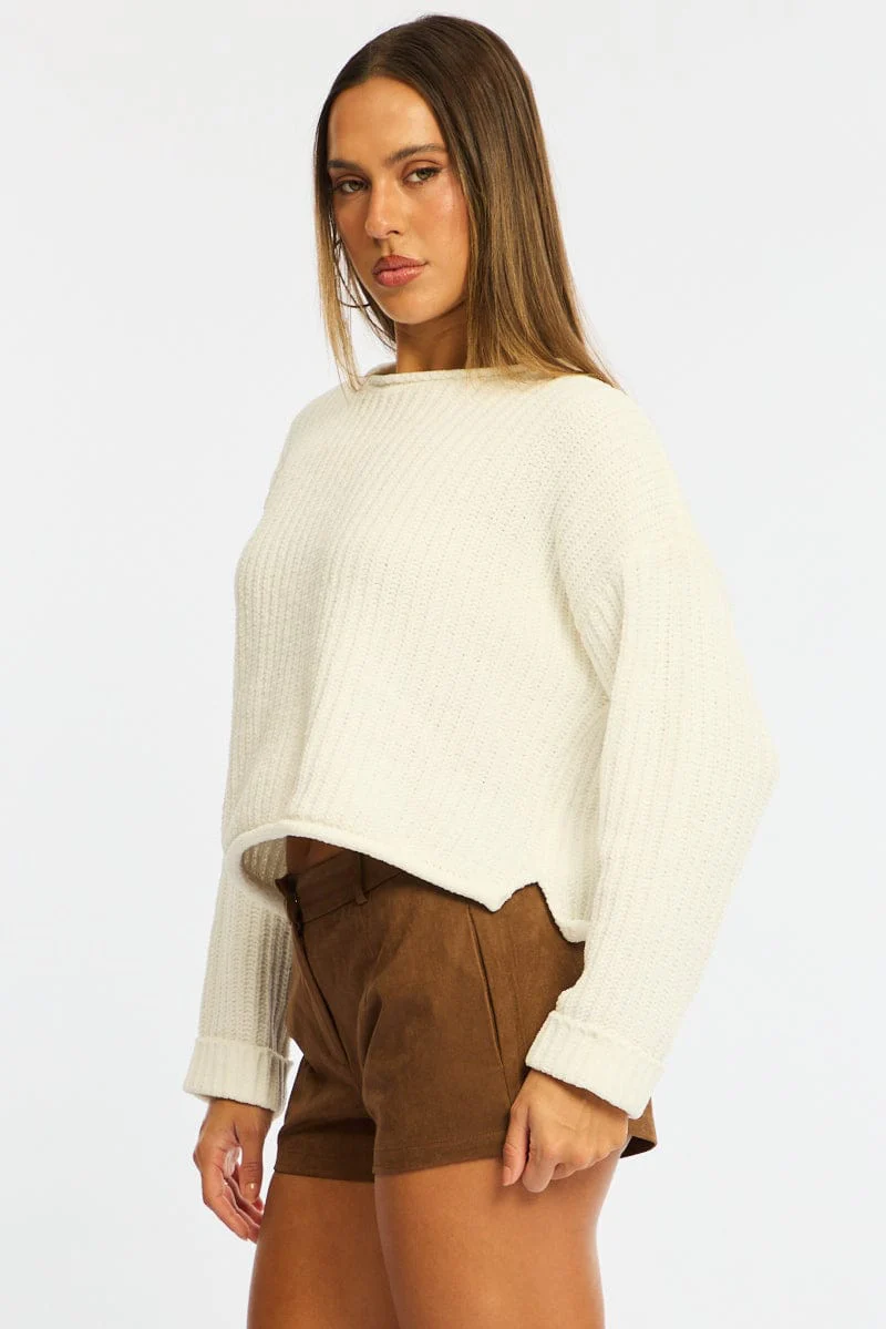 White Basic Knit Long Sleeve Boat Neck - Image 4