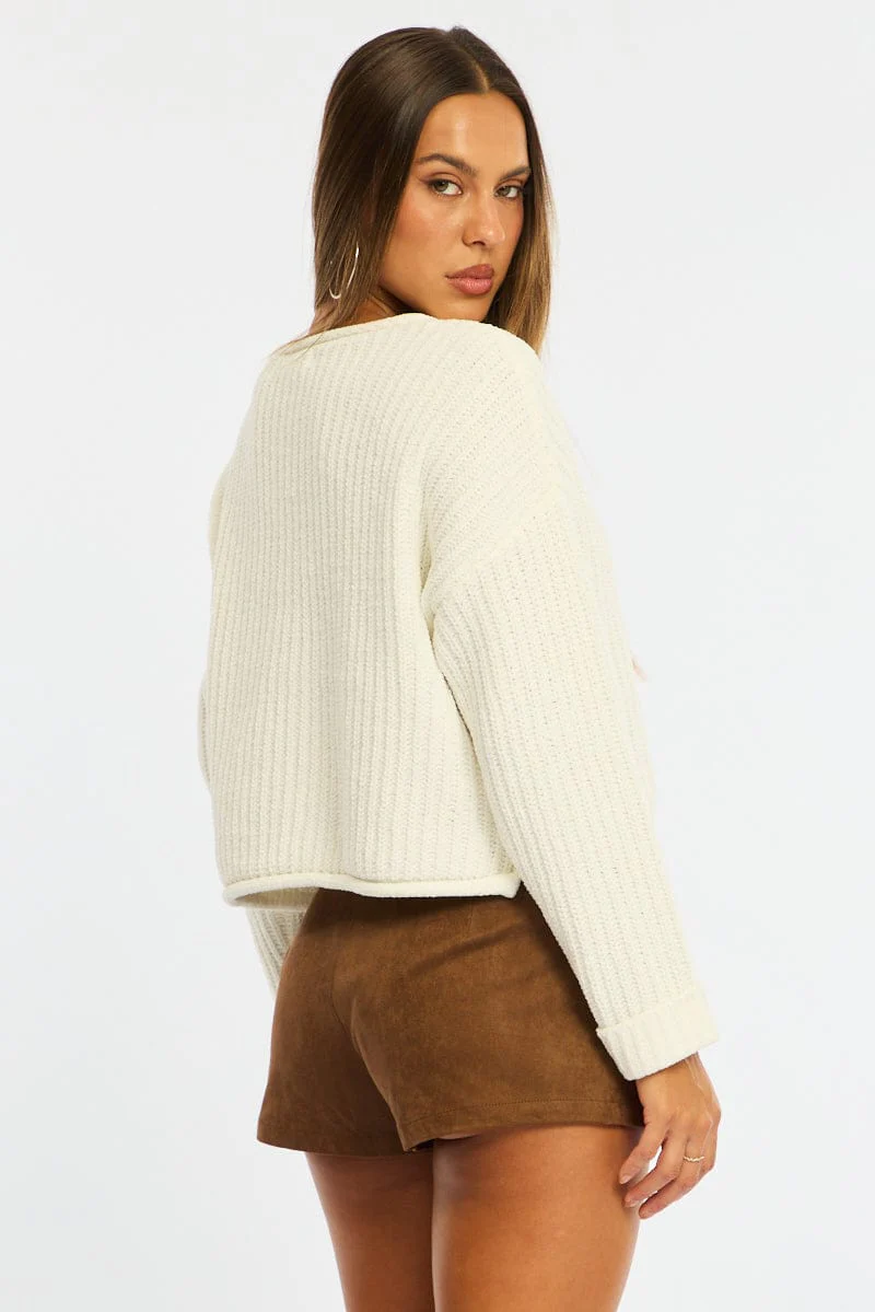 White Basic Knit Long Sleeve Boat Neck - Image 5