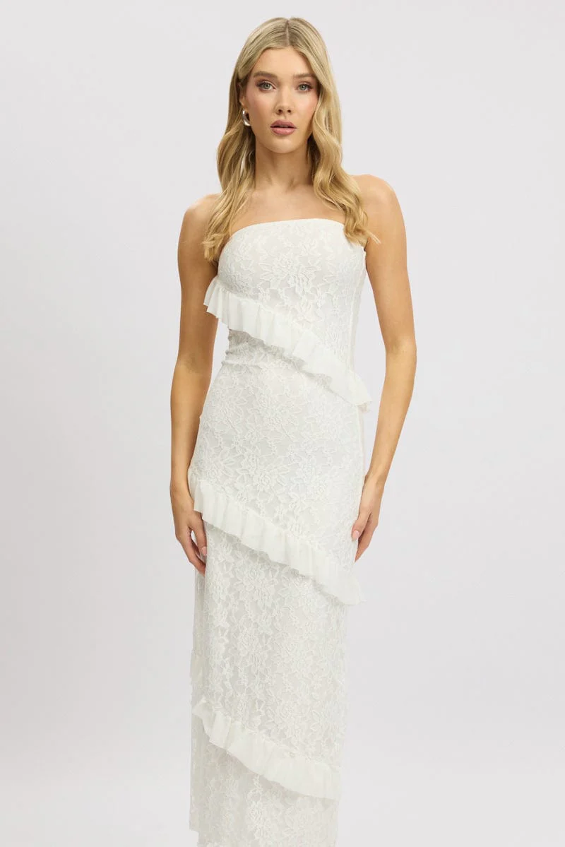 White Bodycon Dress Boob Tube Ruffle Midi Lace - Image 2