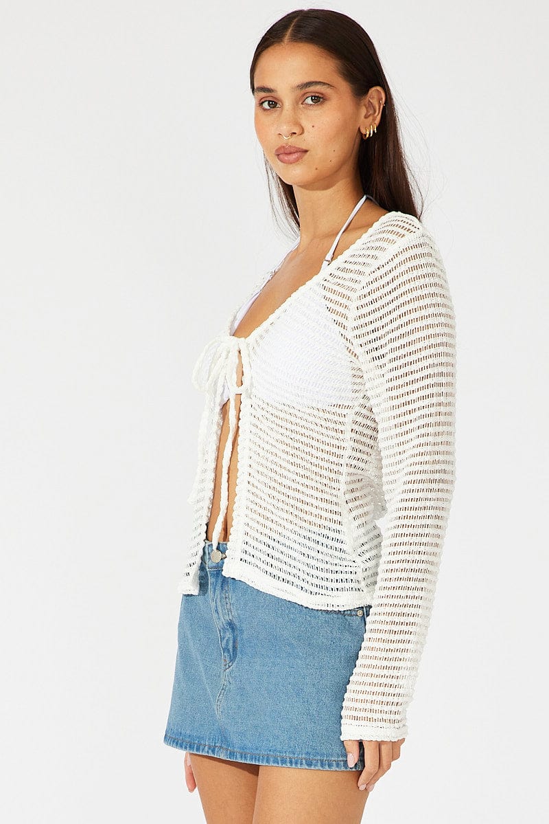 White Bolero Top Long Sleeve Front Tie - Image 4