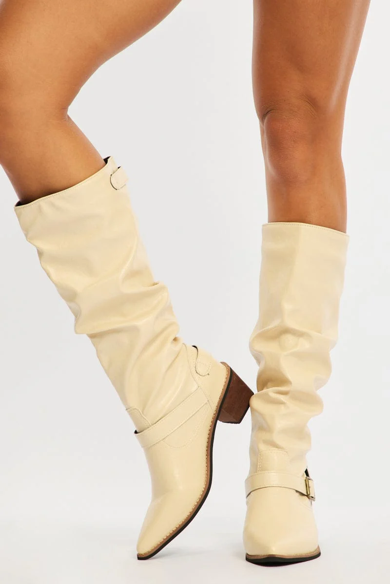 White Buckle Detail Cowboy Boots - Image 2