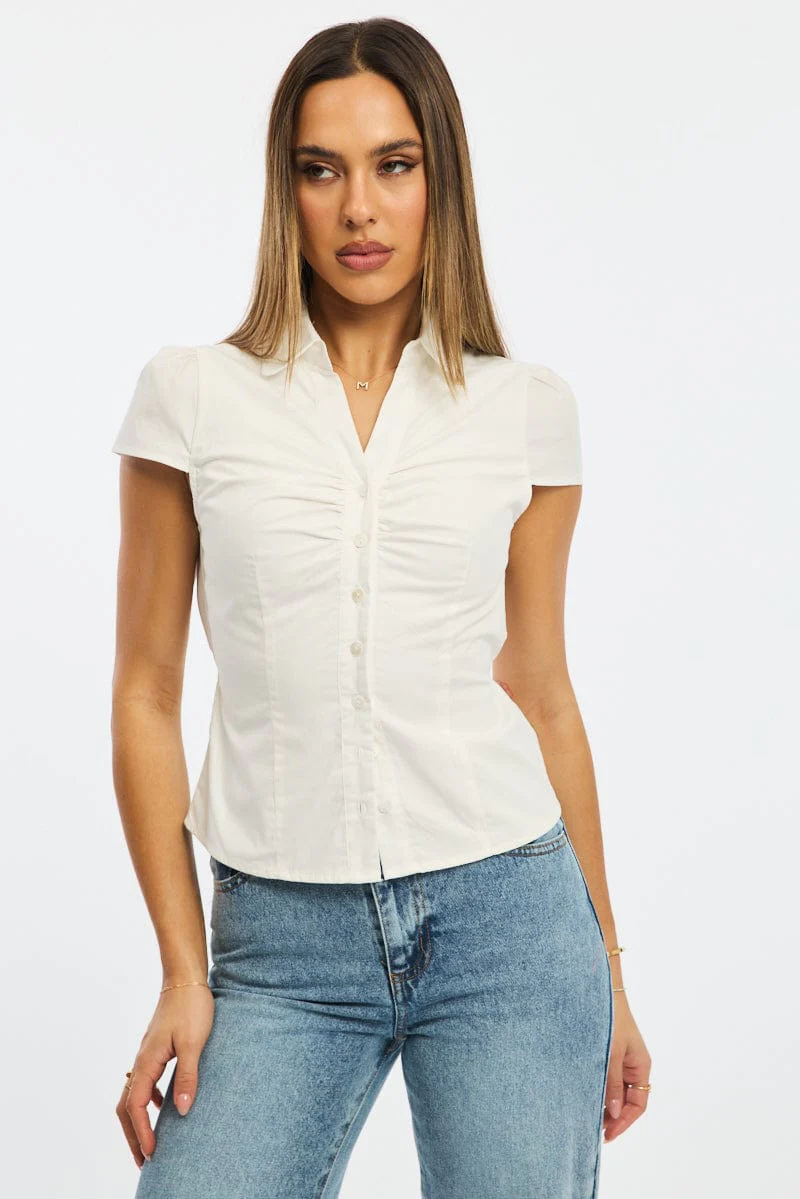 White Button Up Shirt Short Sleeve Collared Tie Back - Image 2