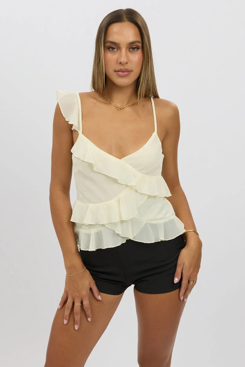 White Cami Top Sleeveless Crossover Ruffled Details - Image 3