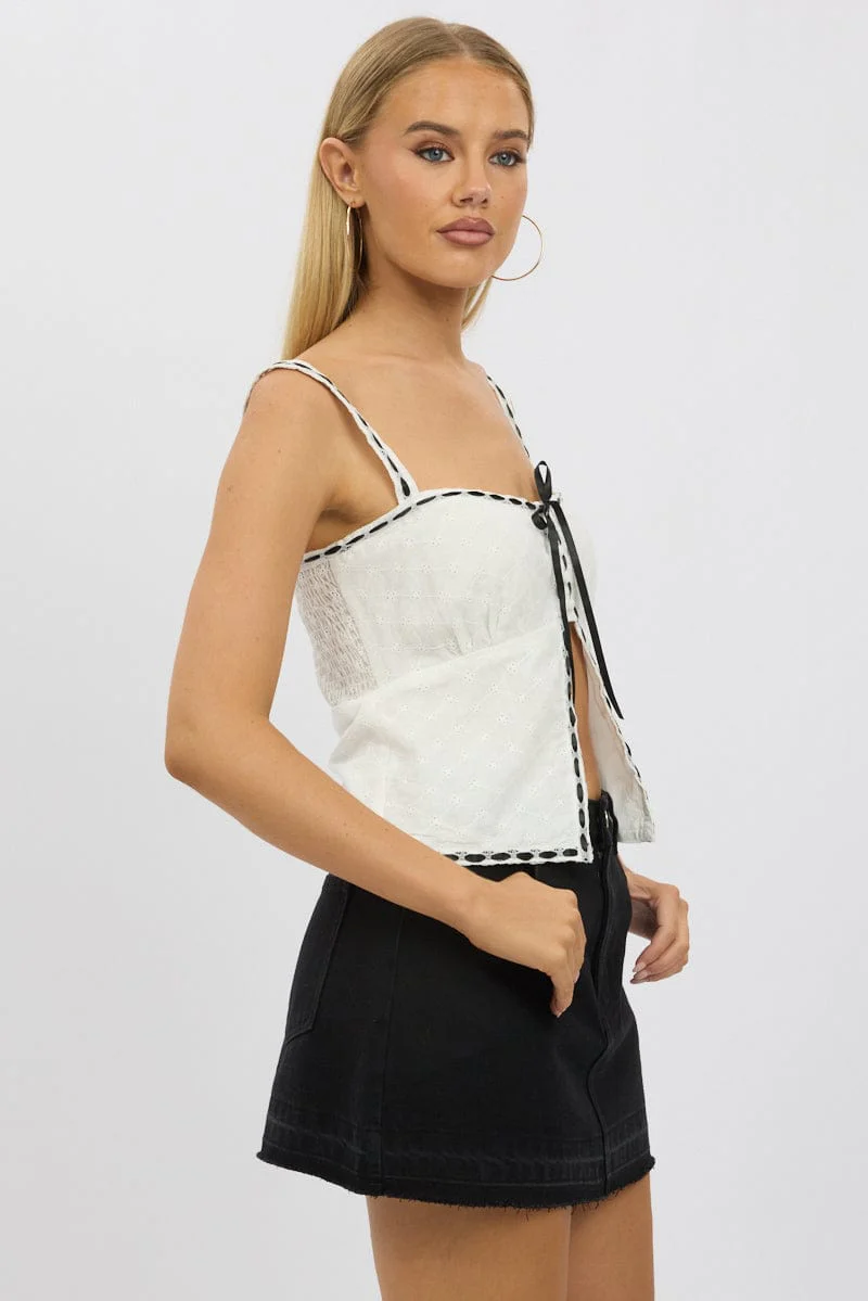 White Cami Top Sleeveless Lace Trim Ribbon - Image 4