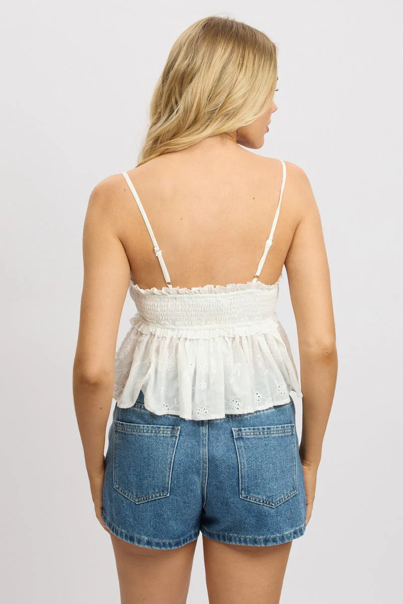 White Cami Top Sleeveless Ruched Bust Broderie - Image 5