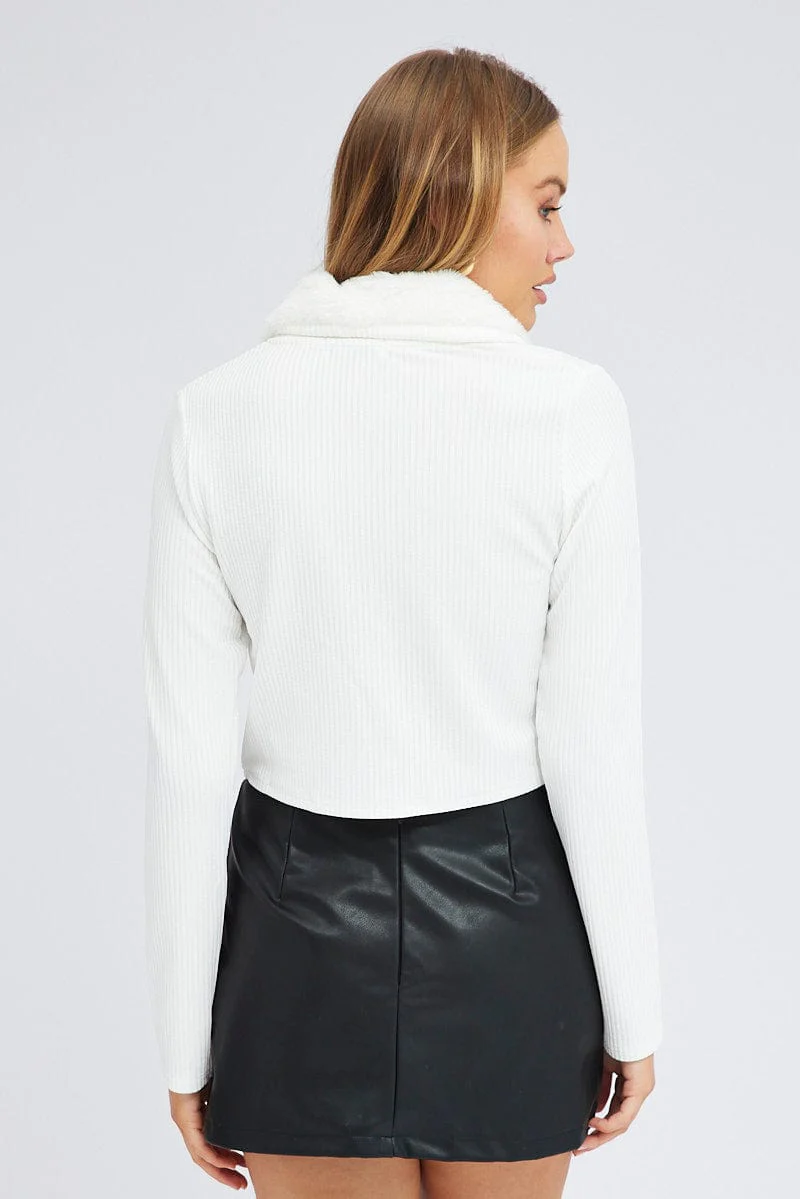 White Cardigan Crop Long Sleeve Faux Fur V Neck - Image 5