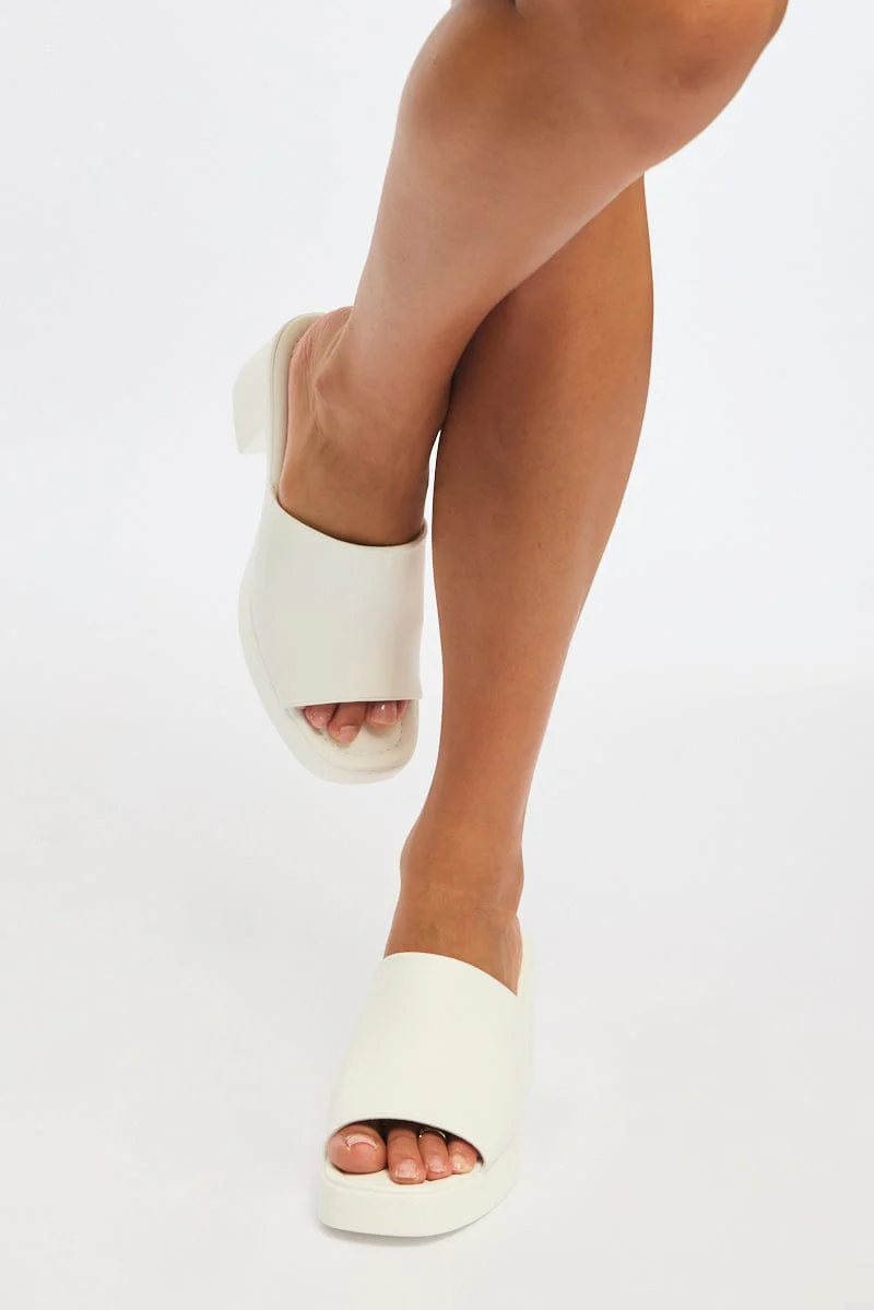 White Chunky Heeled Mule Sandals