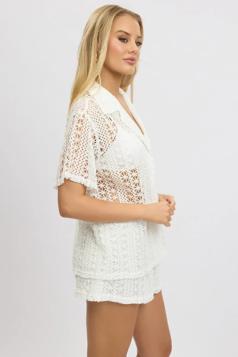 White Crochet Collar Cardigan Short Sleeve - Image 4