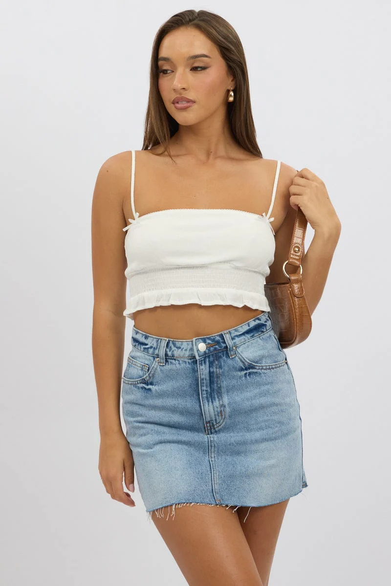 White Crop Cami Top Shirred Waist - Image 3