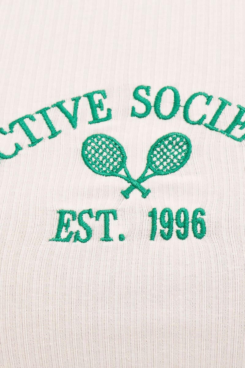 White Crop Tank Crew Neck Racer Back Rib Embroidered - Image 6