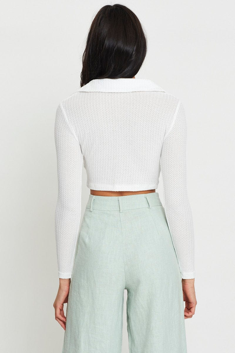 White Crop Top Long Sleeve Collared - Image 5