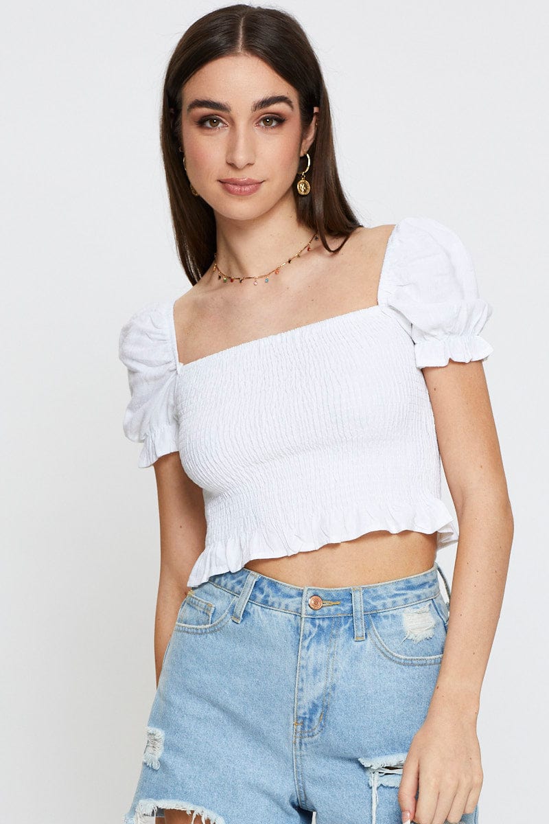 White Crop Top Short Sleeve Square Neck Shirred Waist