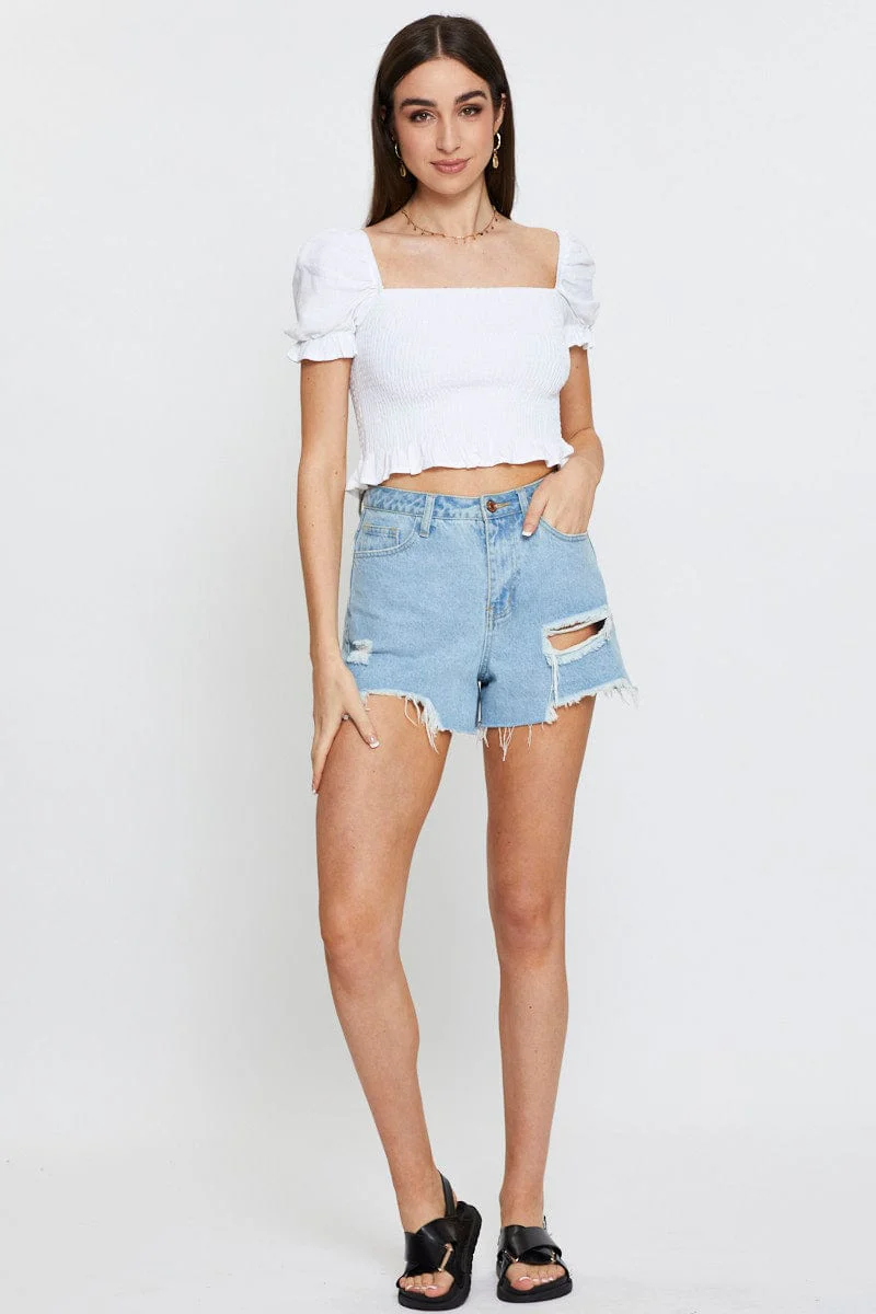 White Crop Top Short Sleeve Square Neck Shirred Waist - Image 2