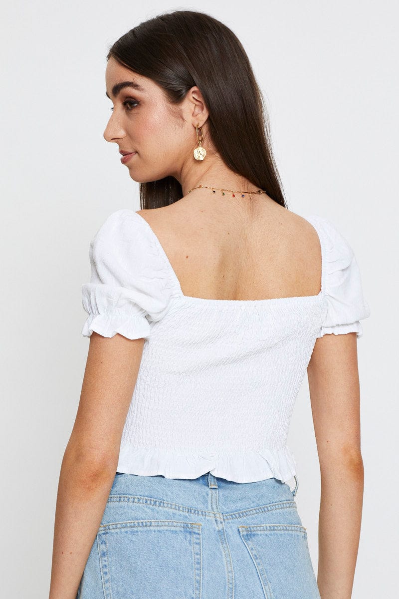 White Crop Top Short Sleeve Square Neck Shirred Waist - Image 5