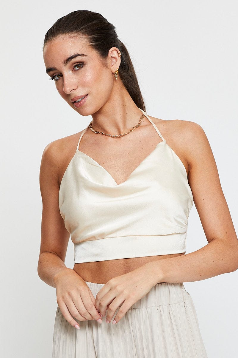 White Crop Top Sleeveless Cowl Neck Satin - Image 3