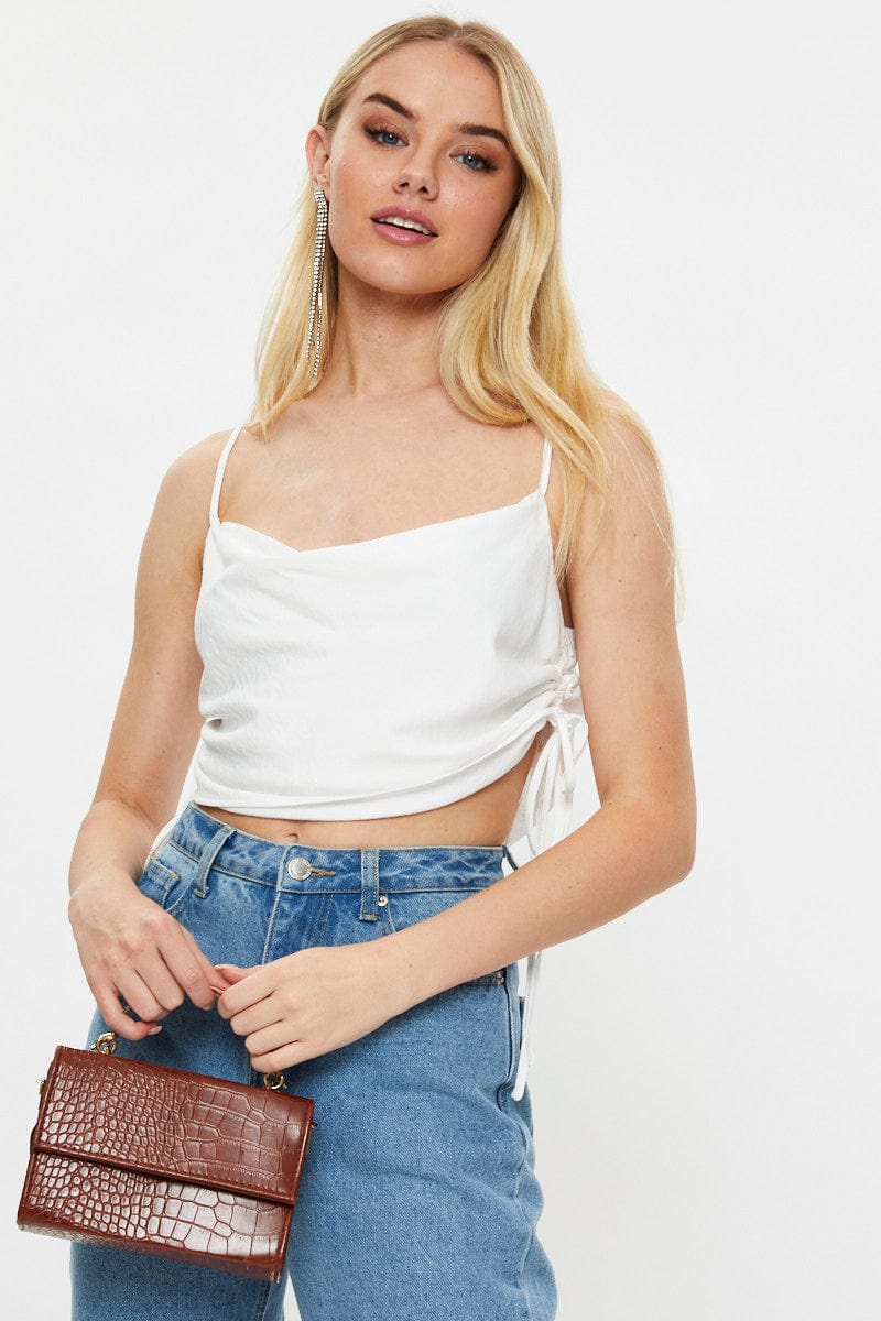 White Designer Linen Look Cowl Neck Drawstring Top